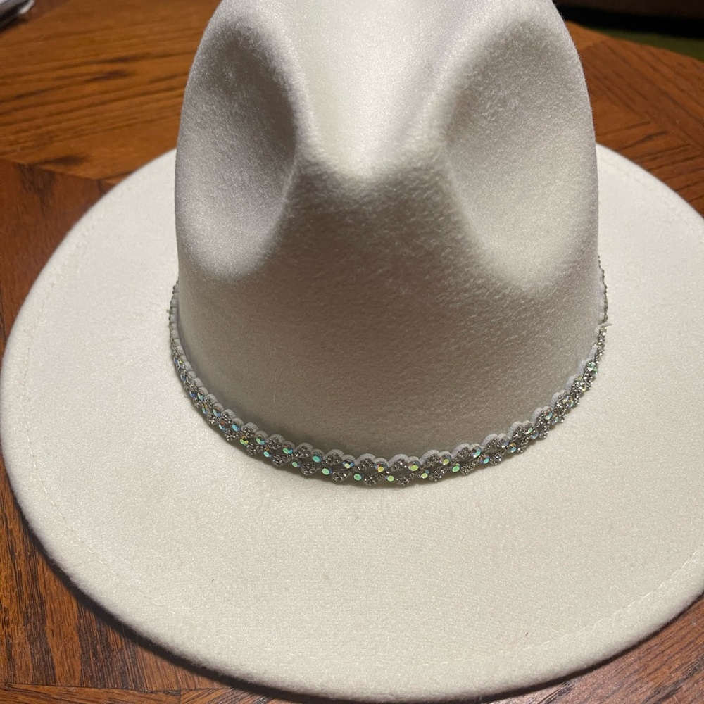 MARCUS ADLER Ivory Felt Womens Fedora Panama Hat Diamond Chain Band One Size